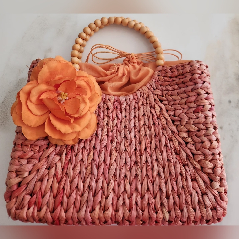 Orange Woven Summer Raffia Handbag with Gorgeous Orange Flower Accent - Picture 11 of 12